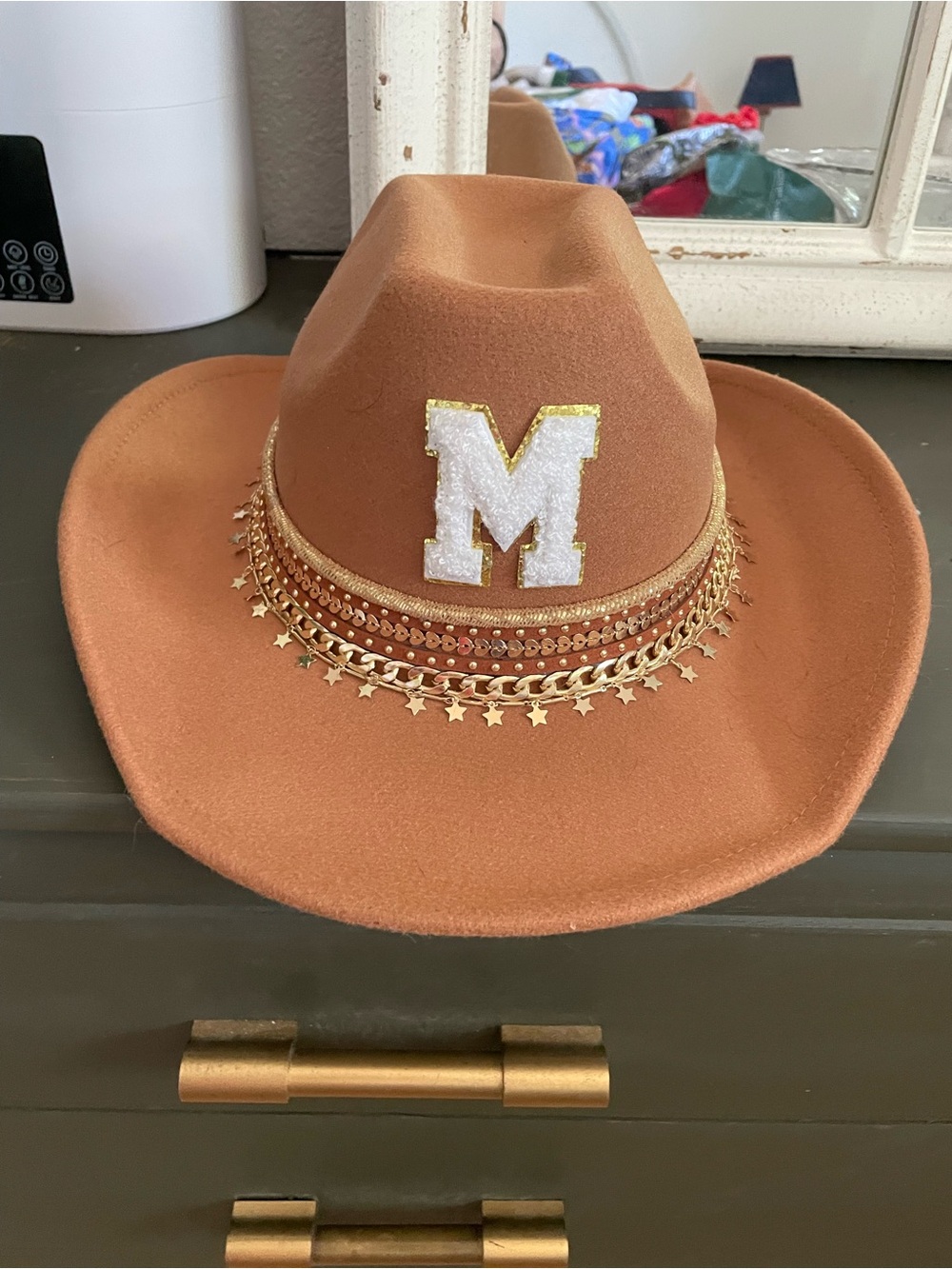 Embellished Western Fedora Hat in Cognac with Gold Accents